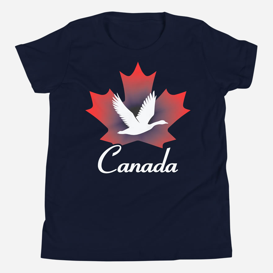 Front of Canada Goose navy unisex youth t-shirt by Team Canada showing maple leaf & goose print. Canada written below.