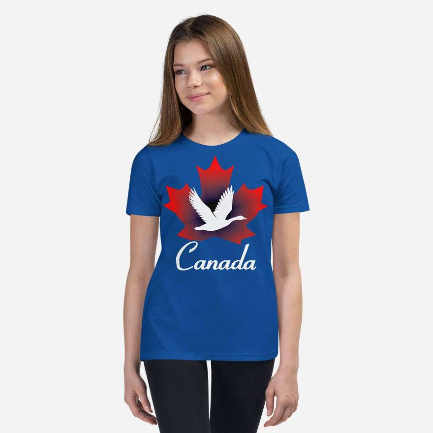 Front of Canada Goose true royal unisex youth staple t-shirt on girl showing maple leaf & goose print. Canada written below.