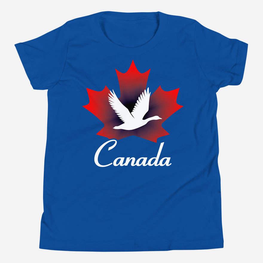 Front of Canada Goose true royal unisex youth staple t-shirt showing maple leaf & goose print. Canada written below.