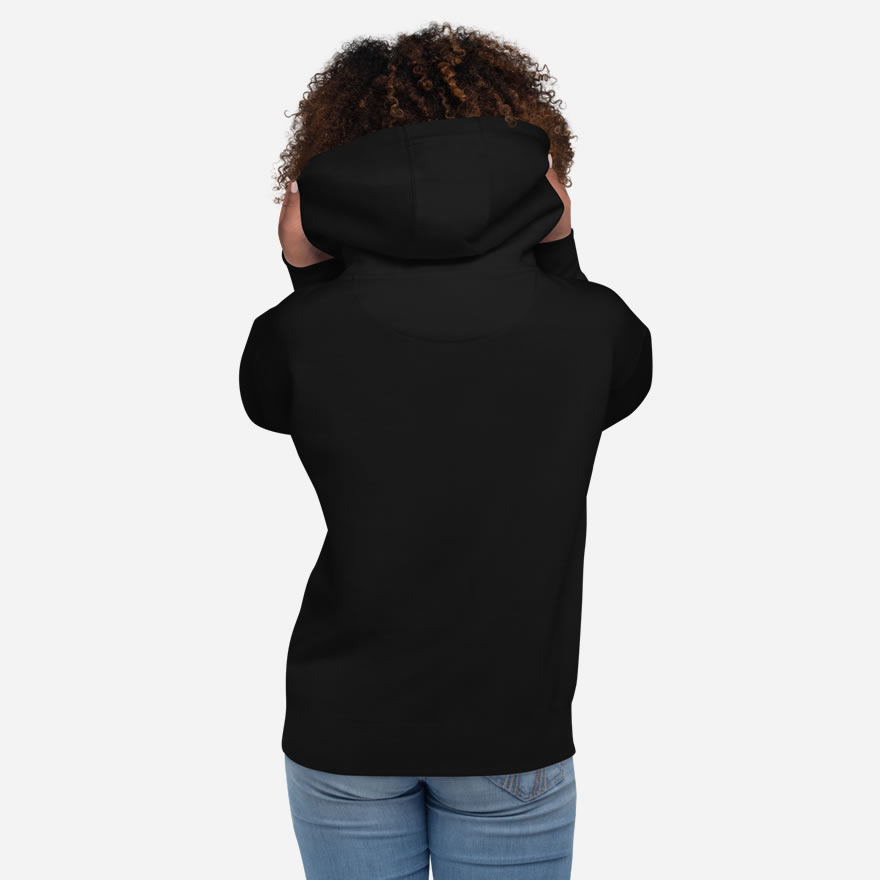 All black back of Canada Moose unisex premium hoodie by Team Canada on female.