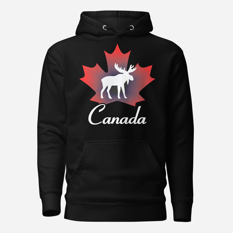 Front of Canada Moose black unisex premium hoodie showing maple leaf & moose print with Canada written below.