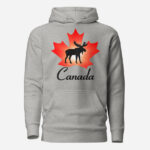 Front of Canada Moose carbon grey unisex premium hoodie showing maple leaf & moose print with Canada written below.