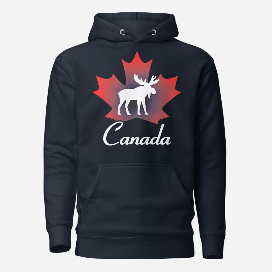 Front of Canada Moose navy blazer unisex premium hoodie showing maple leaf & Moose print with Canada written below.