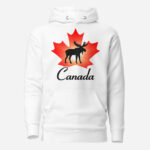 Front of Canada Moose white unisex premium hoodie showing maple leaf and moose print with Canada written below.