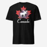 Front of Canada Moose black unisex softstyle t-shirt by Team Canada showing maple leaf & moose print with Canada written below.