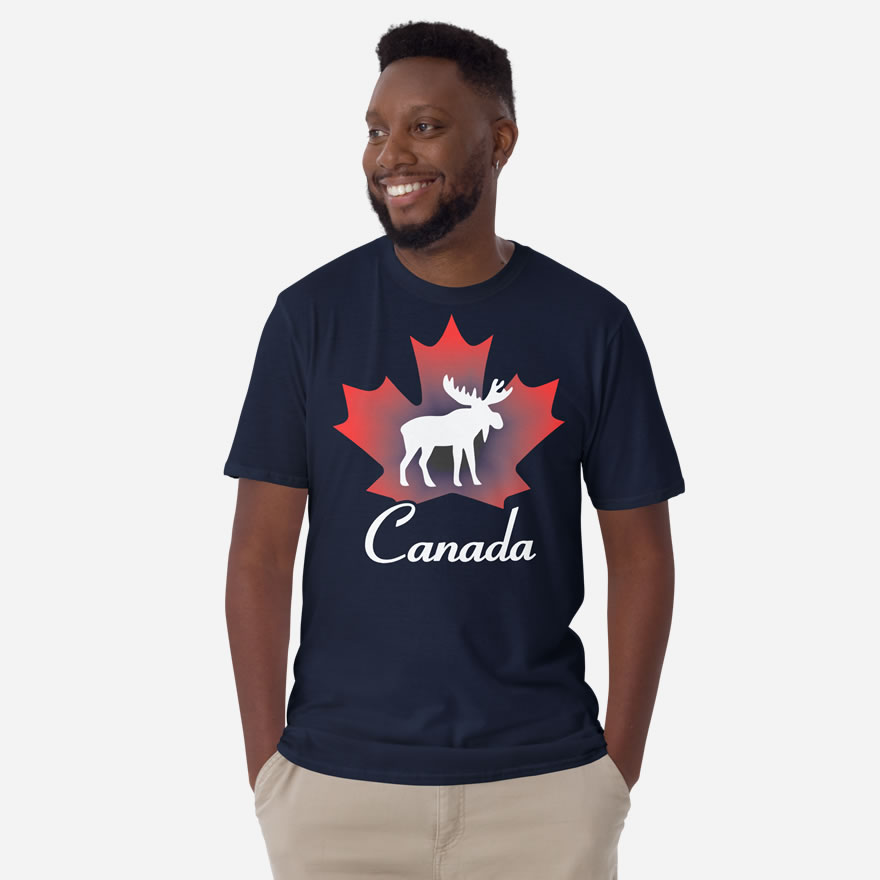 Front of Canada Moose navy unisex softstyle t-shirt by Team Canada showing maple leaf & moose print with Canada written below.