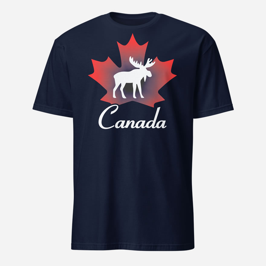 Front of Canada Moose navy unisex softstyle t-shirt on male model showing maple leaf & moose print with Canada written below.