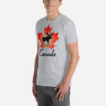 Front of Canada Moose sport grey unisex t-shirt on male model showing maple leaf & moose print with Canada written below.