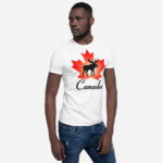 Front of Canada Moose white unisex t-shirt on male model showing maple leaf & moose print with Canada written below.