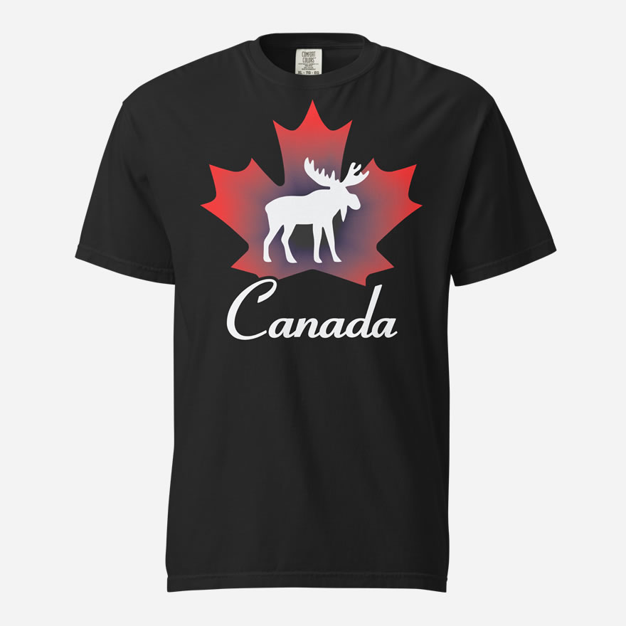 Front of Canada Moose black unisex garment-dyed heavyweight t-shirt showing maple leaf & moose print. Canada written below.