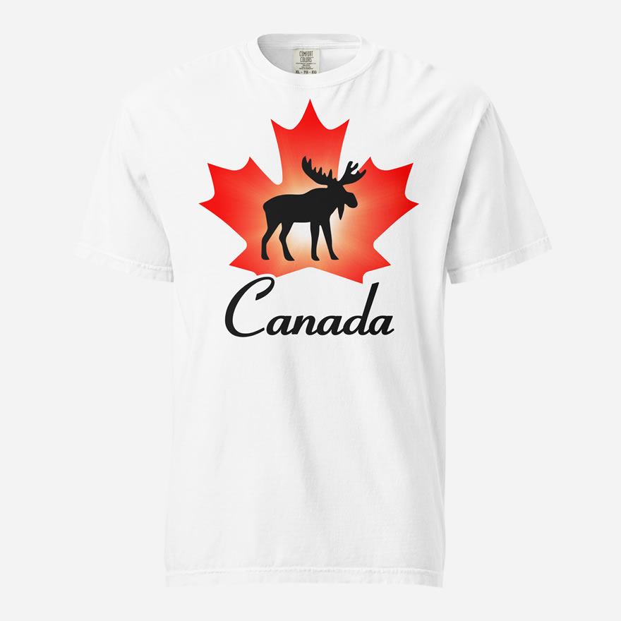 Front of Canada Moose white unisex heavyweight t-shirt showing maple leaf & moose print. Canada written below.