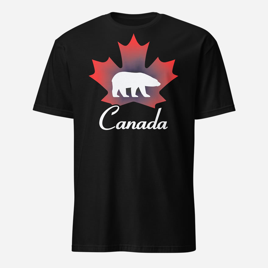 Front of Canada Polar Bear black unisex softstyle t-shirt by Team Canada with maple leaf & Polar Bear print. Canada written below.