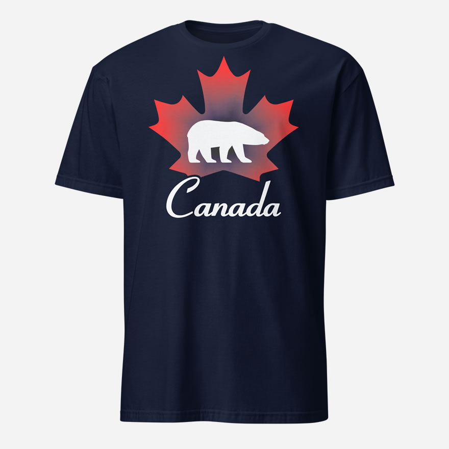 Front of Canada Polar Bear navy unisex softstyle t-shirt by showing maple leaf & Polar Bear print. Canada written below.