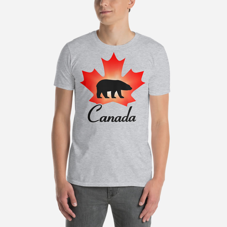 Front of Canada Polar Bear sport grey unisex t-shirt on male model with maple leaf & Polar Bear print. Canada written below.