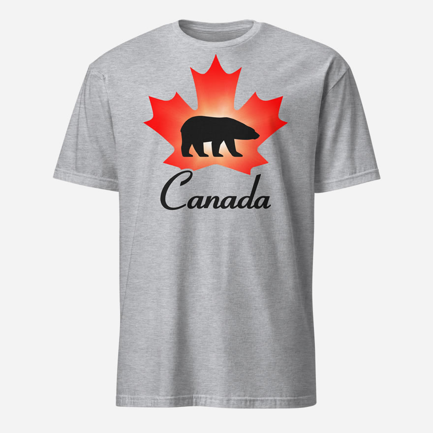 Front of Canada Polar Bear sport grey unisex t-shirt by Team Canada with maple leaf & Polar Bear print. Canada written below.