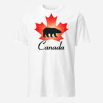 Front of Canada Polar Bear white unisex t-shirt by Team Canada with maple leaf & Polar Bear print. Canada written below.