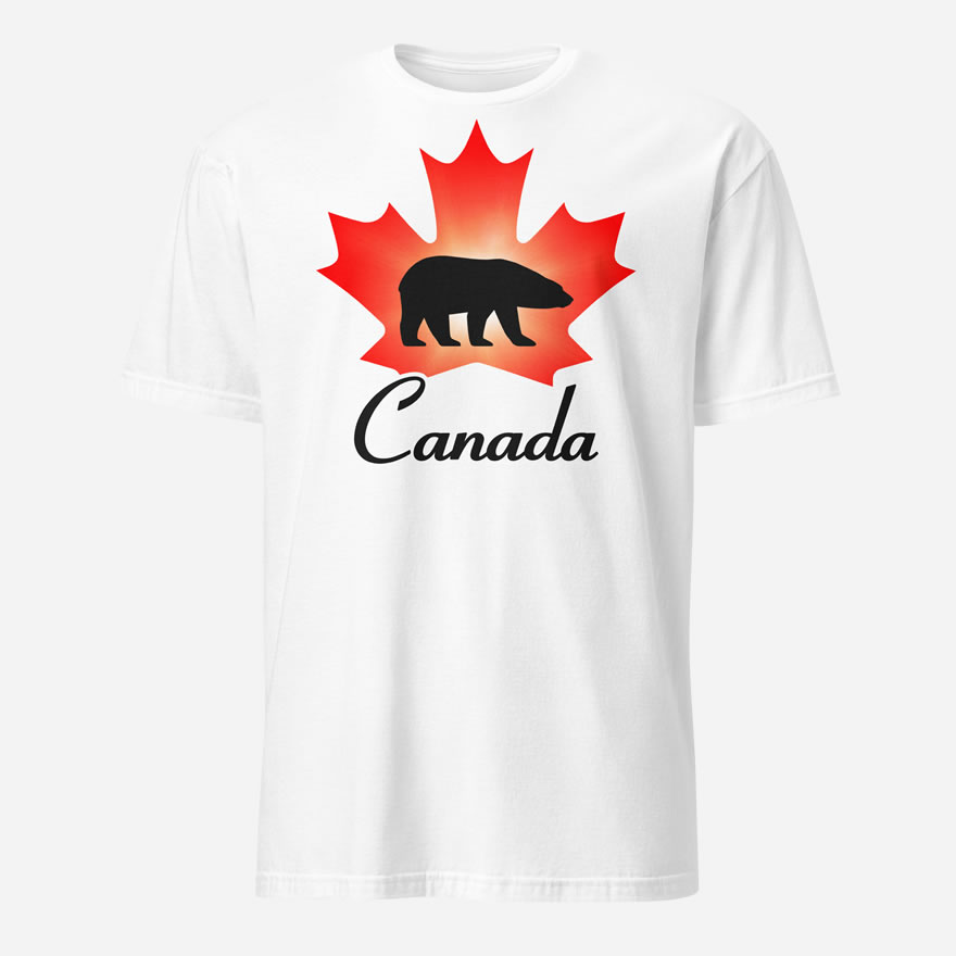 Front of Canada Polar Bear white unisex t-shirt by Team Canada with maple leaf & Polar Bear print. Canada written below.