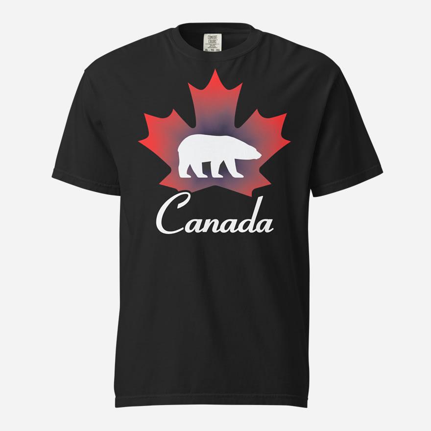 Front of Canada Polar Bear black unisex heavyweight t-shirt showing maple leaf & Polar Bear print. Canada written below.