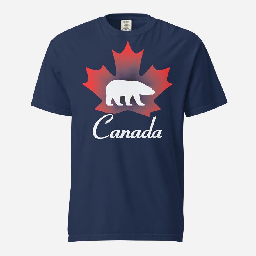 Front of Canada Polar Bear navy unisex heavyweight t-shirt with maple leaf & Polar Bear print. Canada written below.