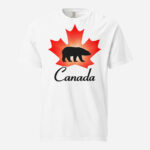 Front of Canada Polar Bear white unisex heavyweight t-shirt showing maple leaf & Polar Bear print. Canada written below.