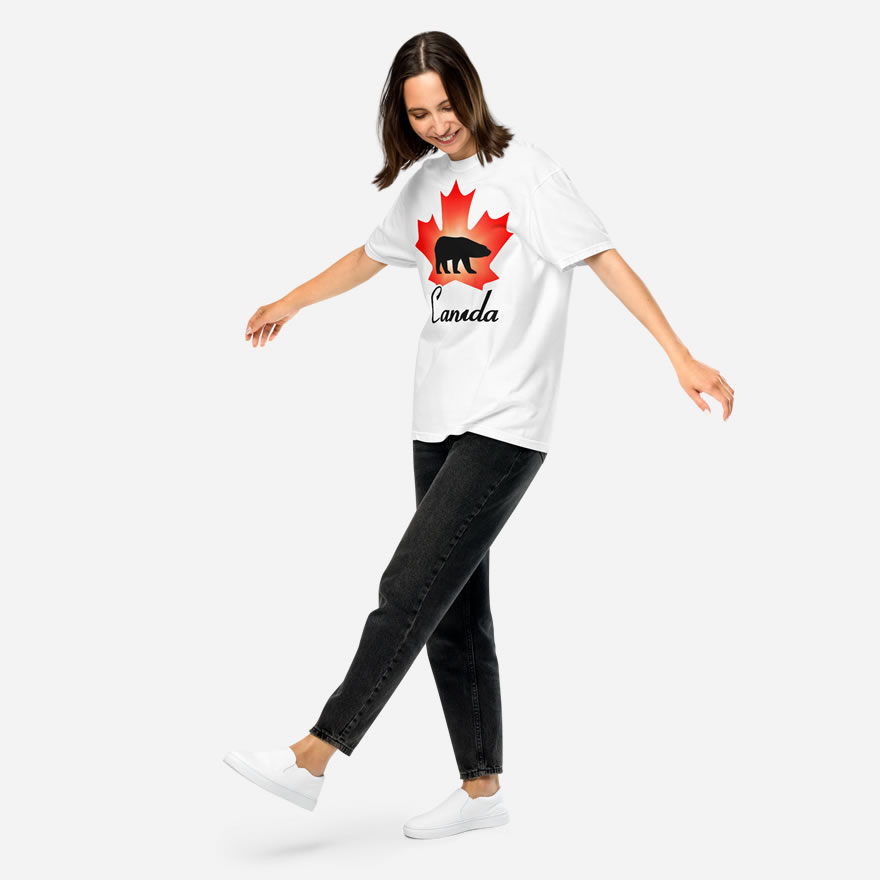 Front of Canada Polar Bear white unisex heavyweight t-shirt on girl with maple leaf & Polar Bear print. Canada written below.