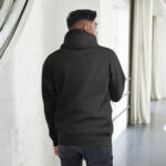 Charcoal heather back of Canada Two-Spirit Intersex-Inclusive Progress Pride Flag hoodie unisex premium pullover on model.