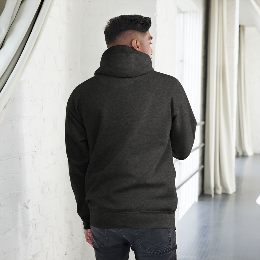Charcoal heather back of Canada Two-Spirit Intersex-Inclusive Progress Pride Flag hoodie unisex premium pullover on model.