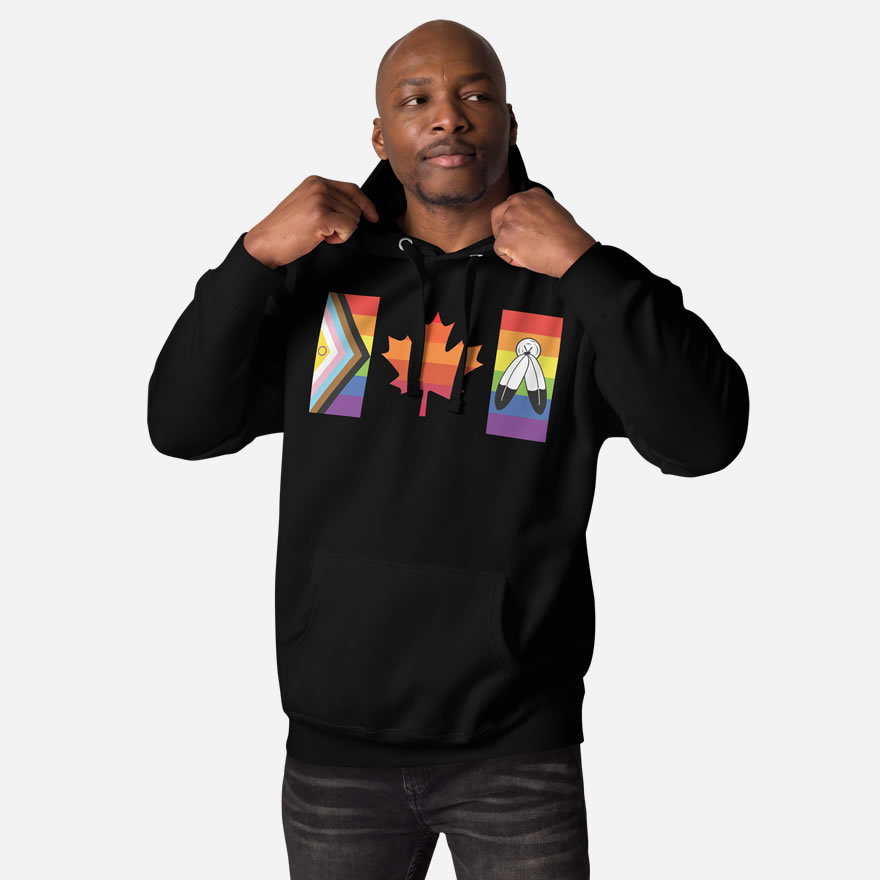 Front of Canada Two-Spirit Intersex-Inclusive Progress Pride Flag hoodie black premium pullover on model. Canada flag has pride stripes for bars and maple leaf.