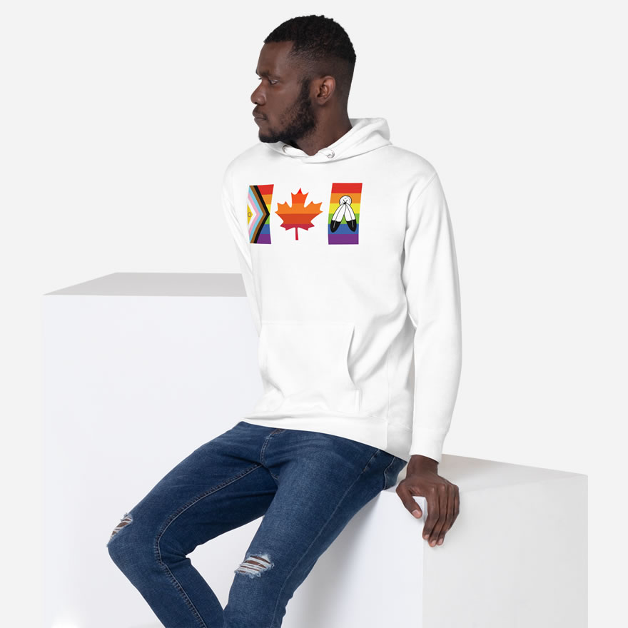 Front of Canada Two-Spirit Intersex-Inclusive Progress Pride Flag hoodie white premium pullover on model. Canada flag has pride stripes for bars & maple leaf.