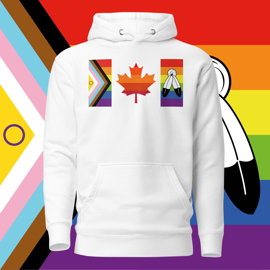Front of Canada Two-Spirit Intersex-Inclusive Progress Pride Flag hoodie white premium pullover. Canada flag has pride stripes for the bars and maple leaf.