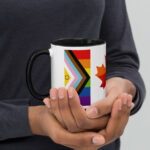 Canada Two-Spirit Intersex-Inclusive Progress Pride Flag mug 11oz black inside. Handle on left. Flag has Intersex-Inclusive Progress Pride colours for left bar.