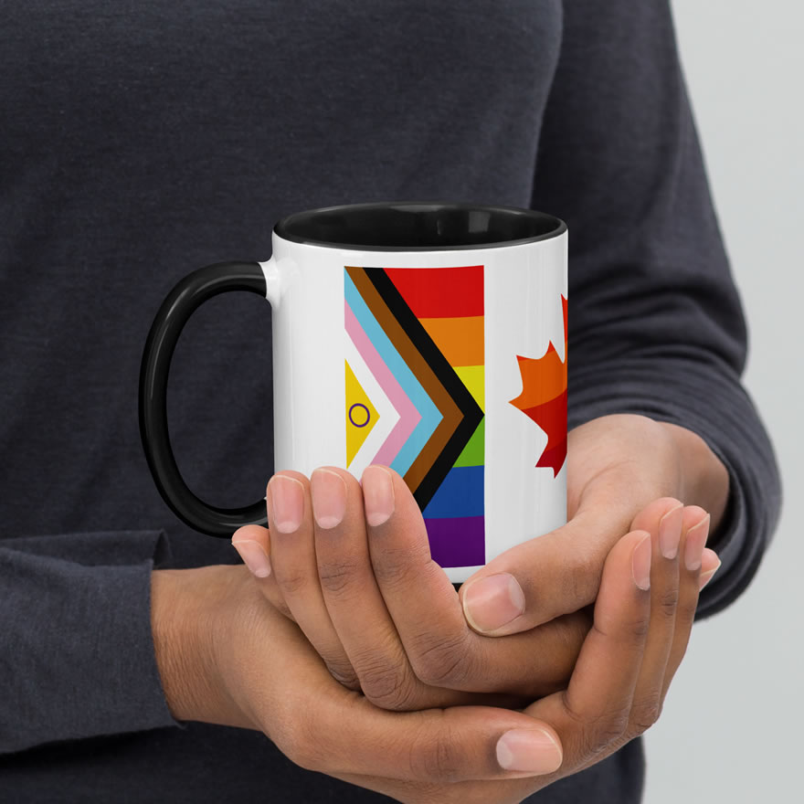 Canada Two-Spirit Intersex-Inclusive Progress Pride Flag mug 11oz black inside. Handle on left. Flag has Intersex-Inclusive Progress Pride colours for left bar.