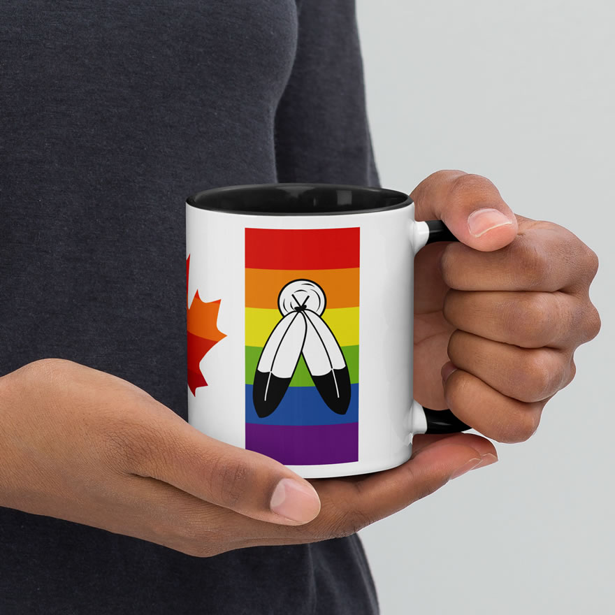 Canada Two-Spirit Intersex-Inclusive Progress Pride Flag mug 11oz black inside. Handle on right. Flag has Two-Spirit Pride stripes & feathers for right bar.