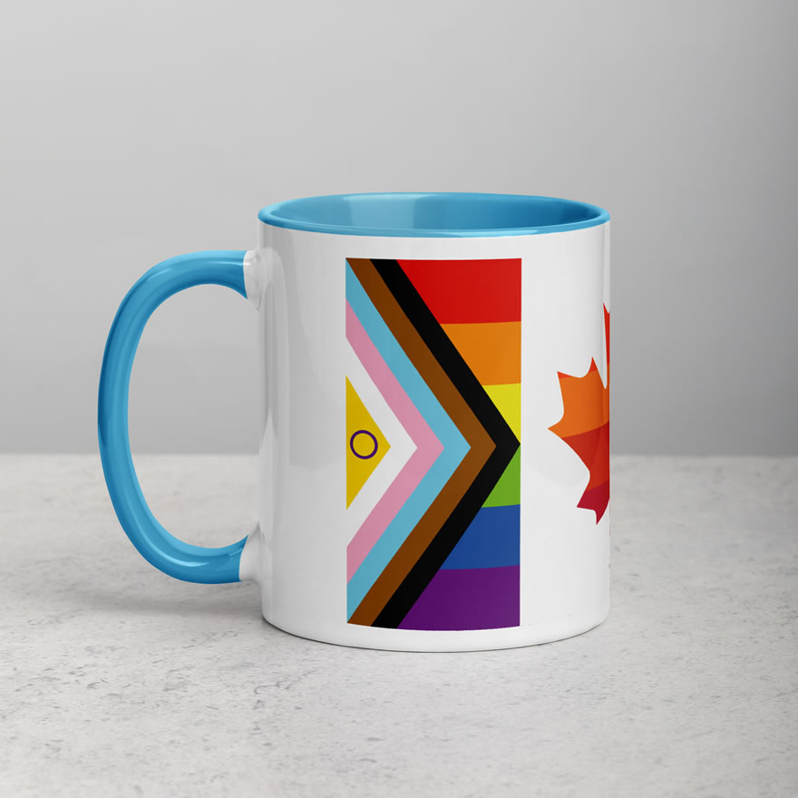Canada Two-Spirit Intersex-Inclusive Progress Pride Flag mug 11oz blue inside. Handle on left. Flag has Intersex-Inclusive Progress Pride colours for left bar.
