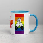 Canada Two-Spirit Intersex-Inclusive Progress Pride Flag mug 11oz blue inside. blue handle on right. Flag has Two-Spirit Pride stripes & feathers for right bar.