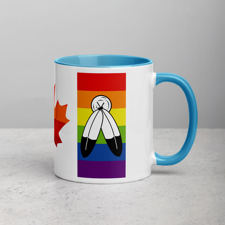 Canada Two-Spirit Intersex-Inclusive Progress Pride Flag mug 11oz blue inside. blue handle on right. Flag has Two-Spirit Pride stripes & feathers for right bar.