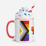 Canada Two-Spirit Intersex-Inclusive Progress Pride Flag mug 11oz red inside. Handle on left. Flag has Intersex-Inclusive Progress Pride colours for left bar.
