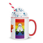 Canada Two-Spirit Intersex-Inclusive Progress Pride Flag mug 11oz red inside. Red handle on right. Flag has Two-Spirit Pride stripes and feathers for right bar.