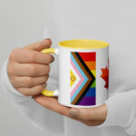 Canada Two-Spirit Intersex-Inclusive Progress Pride Flag mug 11oz yellow inside. Handle on left. Flag has Intersex-Inclusive Progress Pride colours for left bar.