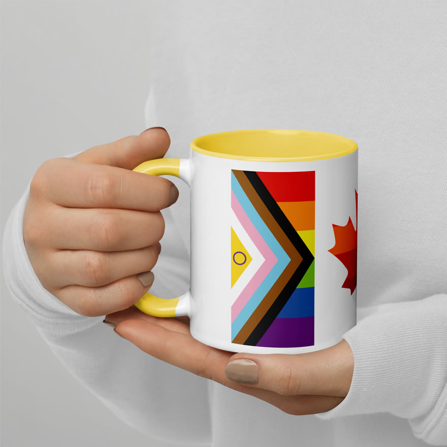 Canada Two-Spirit Intersex-Inclusive Progress Pride Flag mug 11oz yellow inside. Handle on left. Flag has Intersex-Inclusive Progress Pride colours for left bar.