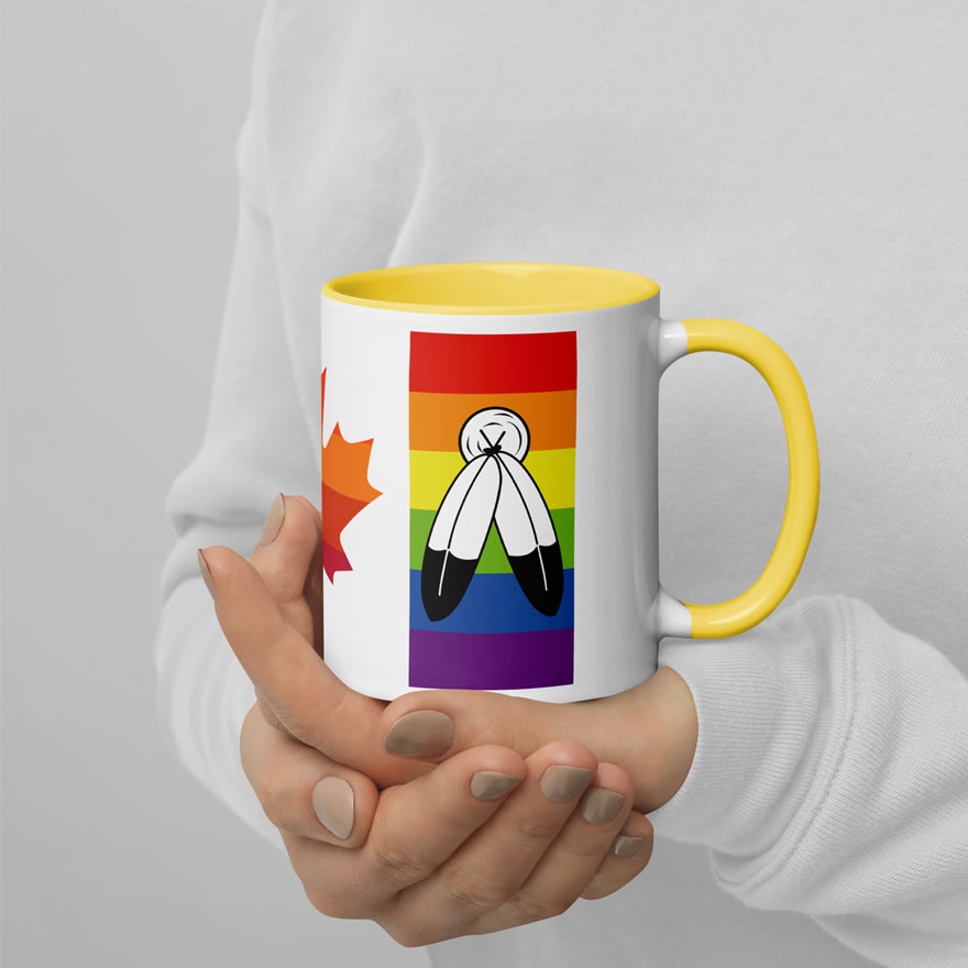 Canada Two-Spirit Intersex-Inclusive Progress Pride Flag mug 11oz yellow inside. Handle on right. Flag has Two-Spirit Pride stripes and feathers for right bar.