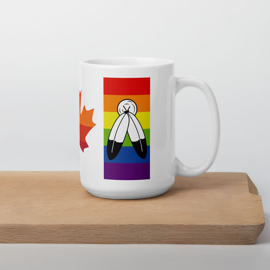 Canada Two-Spirit Intersex-Inclusive Progress Pride Flag white 15oz mug. Handle on right on cutting board. Flag has Two-Spirit Pride stripes and feathers for right bar.