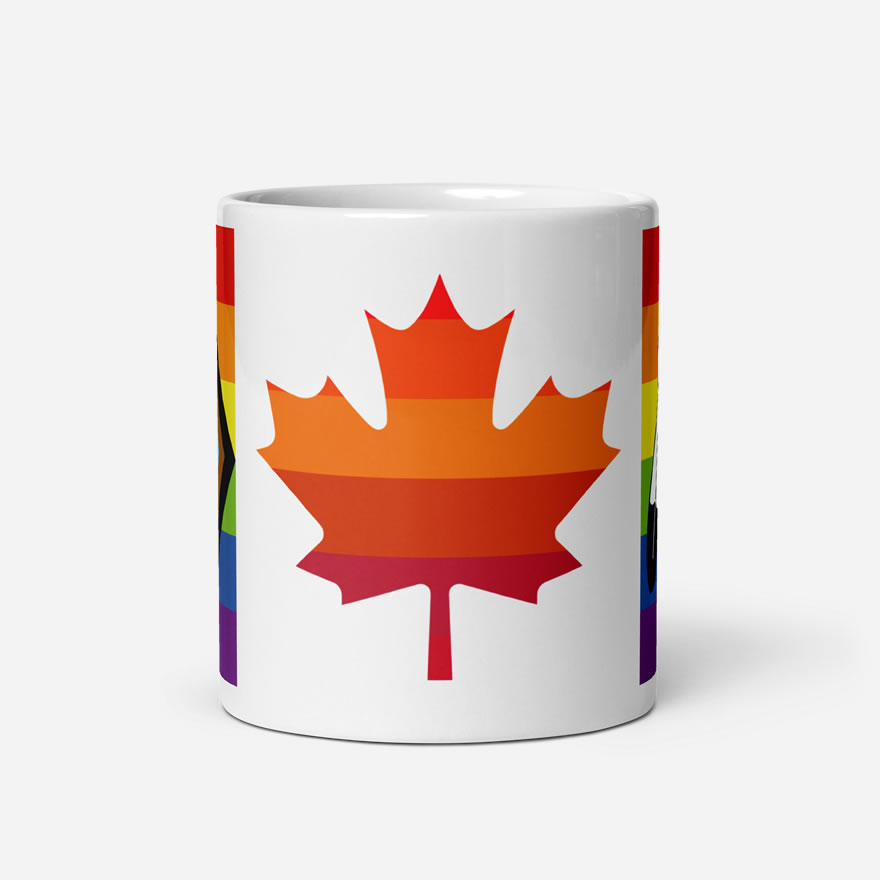 Canada Two-Spirit Intersex-Inclusive Progress Pride Flag white glossy 11oz mug front view. Maple leaf is layered with 6 shades of red and orange pride stripes.