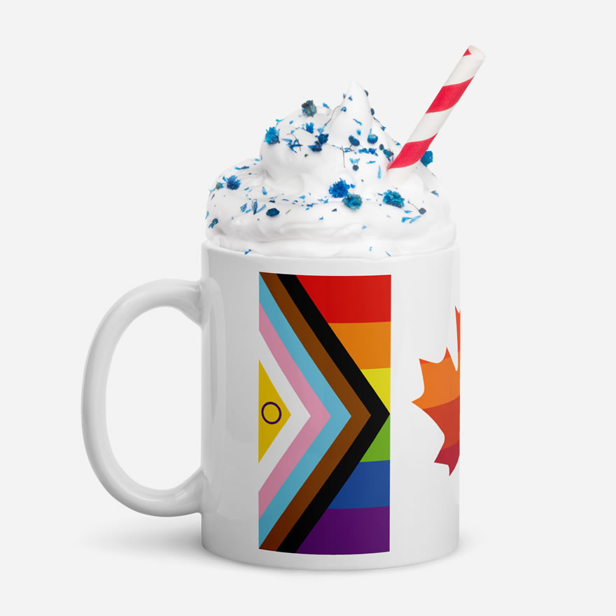 Canada Two-Spirit Intersex-Inclusive Progress Pride Flag white glossy 11oz mug. Handle on left. Flag has Intersex-Inclusive Progress Pride colours for left bar.
