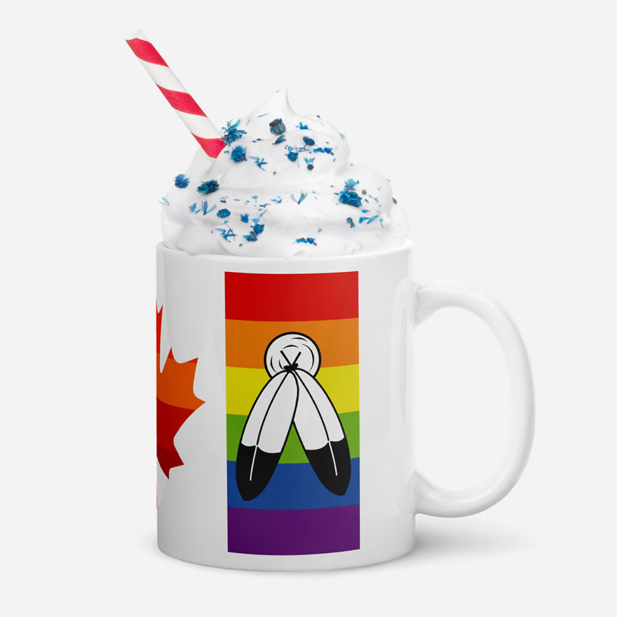Canada Two-Spirit Intersex-Inclusive Progress Pride Flag white glossy 11oz mug. Handle on right. Flag has Two-Spirit Pride stripes and feathers for right bar.