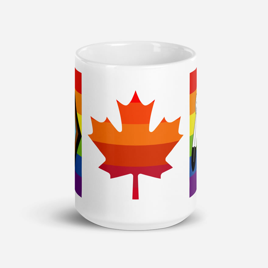 Canada Two-Spirit Intersex-Inclusive Progress Pride Flag white glossy 15oz mug front view. Maple leaf is layered with 6 shades of red and orange pride stripes.