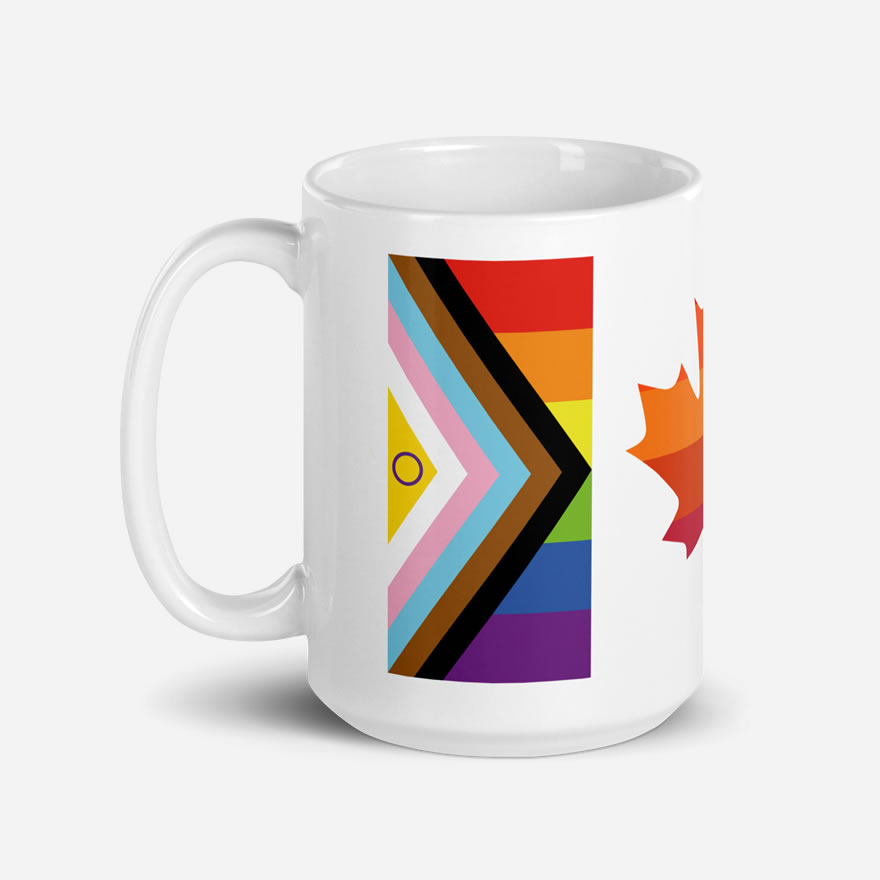 Canada Two-Spirit Intersex-Inclusive Progress Pride Flag white glossy 15oz mug. Handle on left. Flag has Intersex-Inclusive Progress Pride colours for left bar.