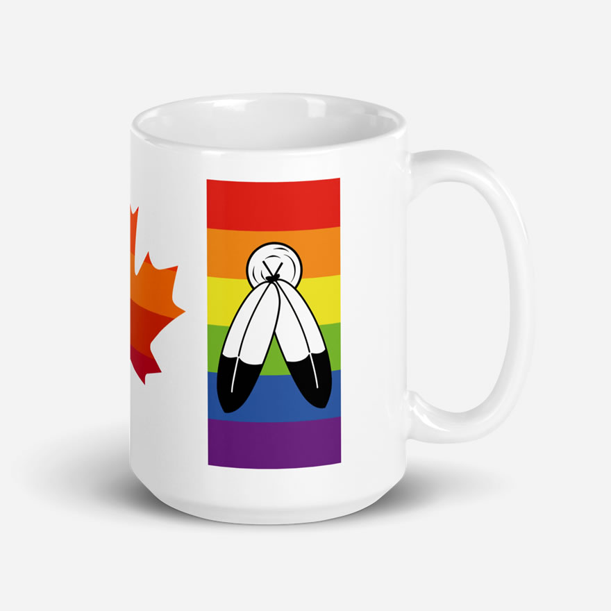 Canada Two-Spirit Intersex-Inclusive Progress Pride Flag white glossy 15oz mug. Handle on right. Flag has Two-Spirit Pride stripes and feathers for right bar.