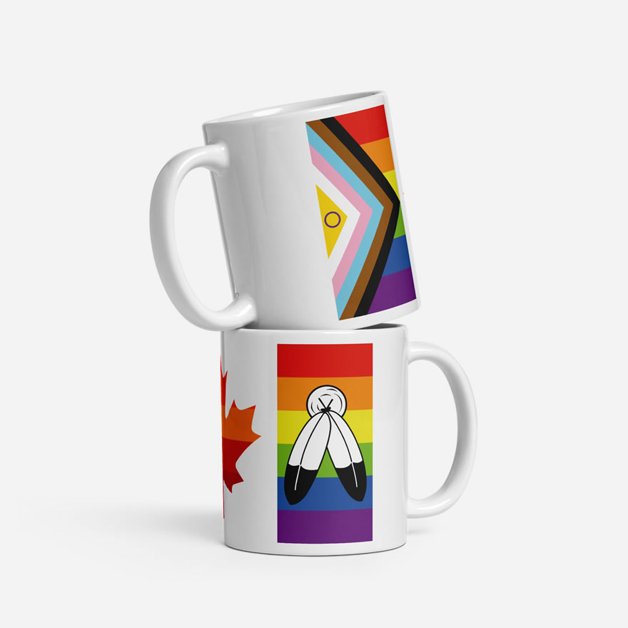 Two Canada Two-Spirit Intersex-Inclusive Progress Pride Flag white glossy 11oz mugs stacked atop one another. Shows colourful side bars to flag.