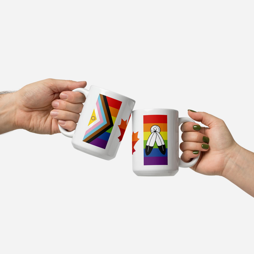 Two Canada Two-Spirit Intersex-Inclusive Progress Pride Flag white glossy 15oz mugs giving a 'cheers'. Shows colourful left and right bars side by side.